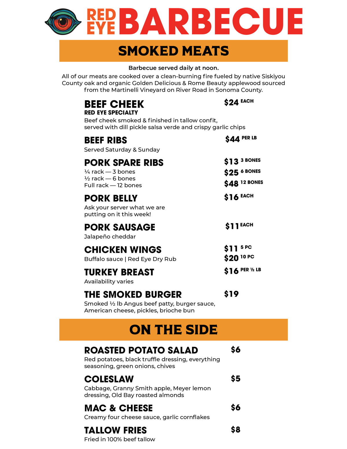 Red Eye Barbecue Menu